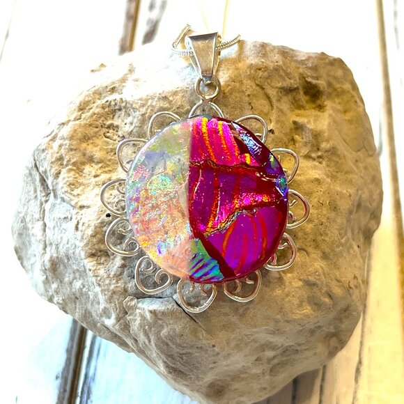 Beautiful Pink Multi Color Fused Dichroic Glass Flower Pendant - Picture 3 of 5